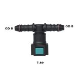 T-shaped irrigation hose fitting with two 8-OD ends and a central valve, turquoise button at base (7.89 shown).