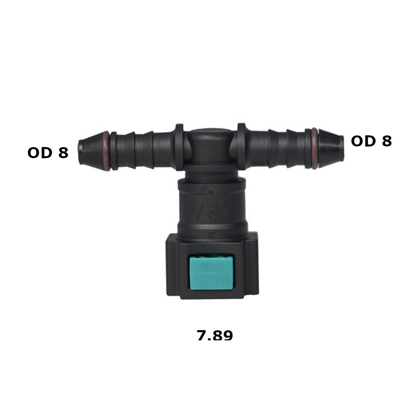 T-shaped irrigation hose fitting with two 8-OD ends and a central valve, turquoise button at base (7.89 shown).
