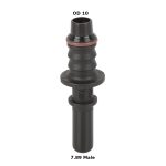 Black plastic barbed hose fitting with a rubber seal, labeled OD 10, for a connector