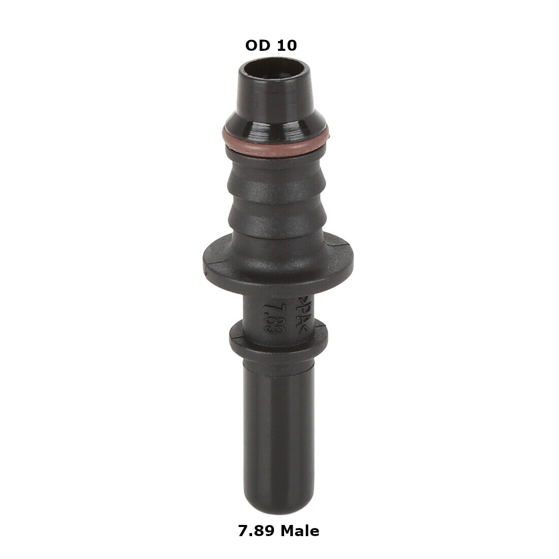 Black plastic barbed hose fitting with a rubber seal, labeled OD 10, for a connector