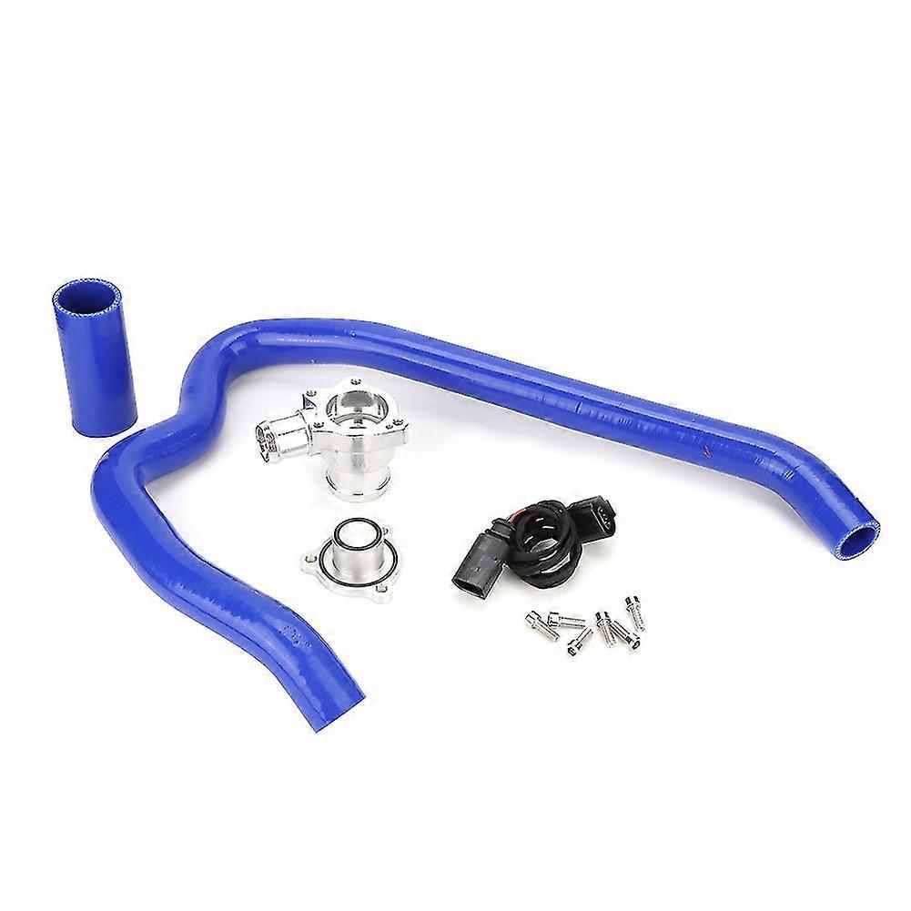 Blue silicone automotive intercooler piping kit with a metal T-joint, two curved hoses, hose clamps, and an electrical connector.