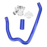 Blue curved silicone automotive hose kit with a metal flange adapter and end cap, for engine bay piping.