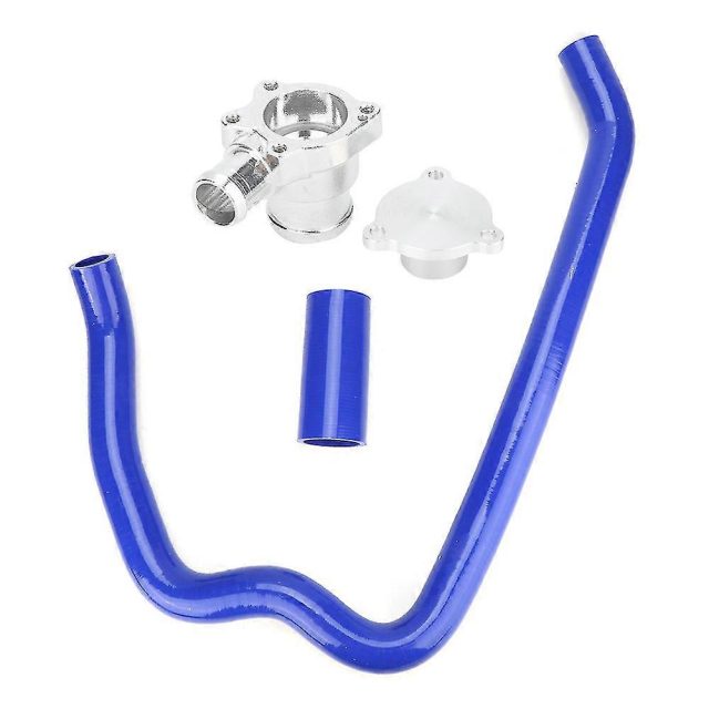 Blue curved silicone automotive hose kit with a metal flange adapter and end cap, for engine bay piping.