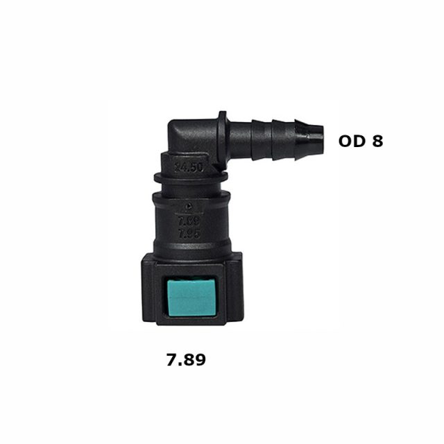Right-angle black hose fitting with teal push button; size marks 7.89/7.95 and OD 8 shown nearby.