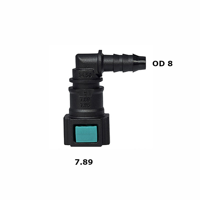 Right-angle black hose fitting with teal push button; size marks 7.89/7.95 and OD 8 shown nearby.