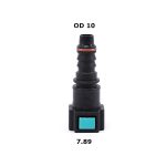 Black plastic hose barb fitting with teal seal, labeled OD 10, price 7.89
