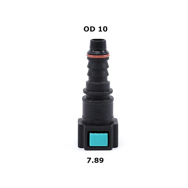 Black plastic hose barb fitting with teal seal, labeled OD 10, price 7.89