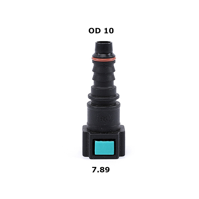 Black plastic hose barb fitting with teal seal, labeled OD 10, price 7.89