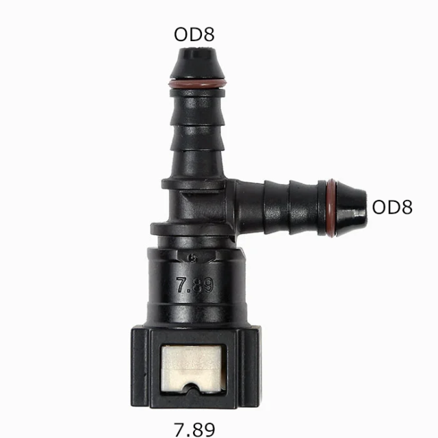 Black plastic T-shaped hose connector with three barbed ports, labeled OD8, on a white background.