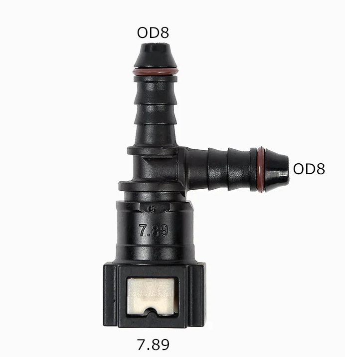 Black plastic T-shaped hose connector with three barbed ports, labeled OD8, on a white background.